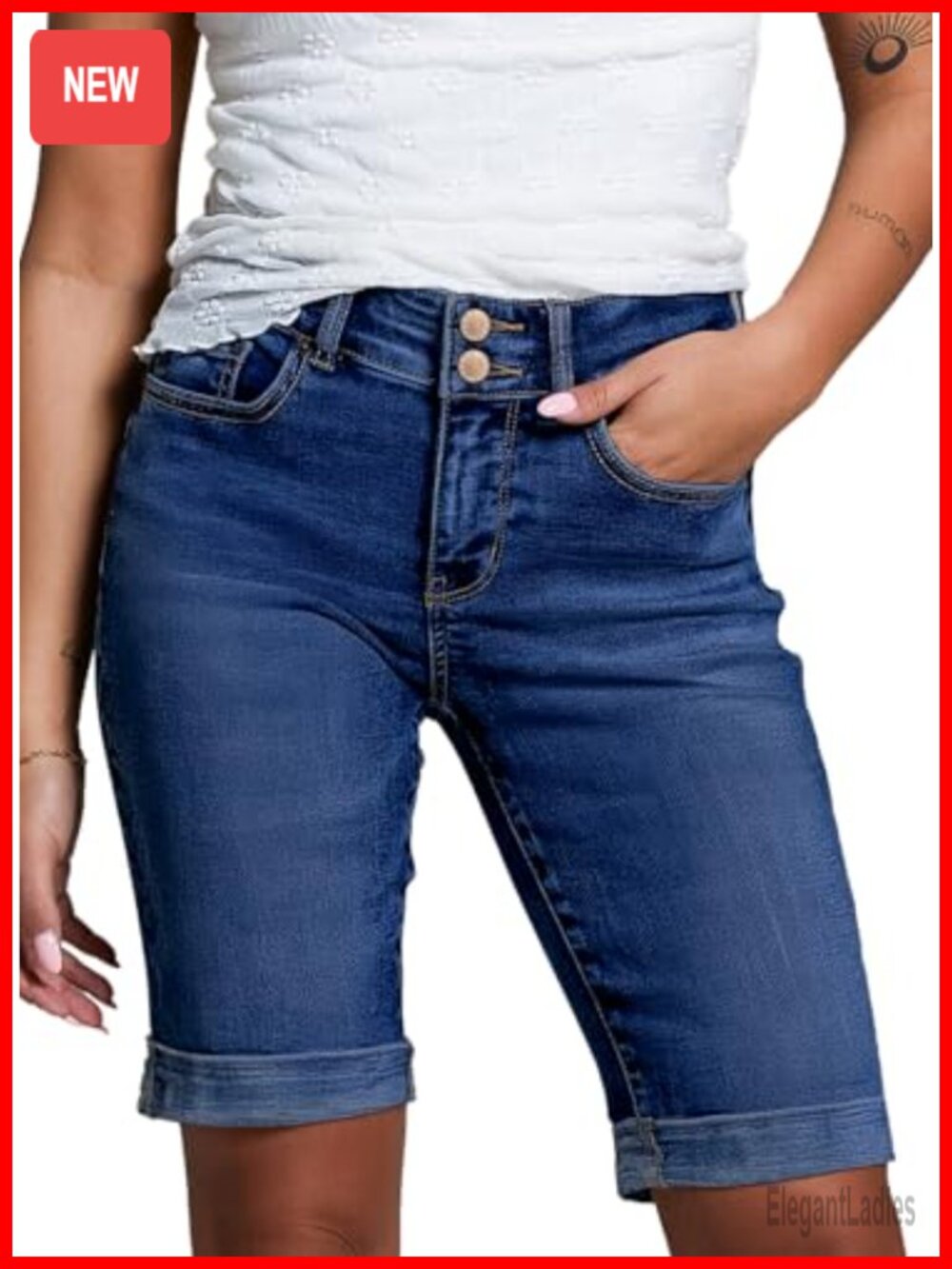 High Waisted Bermuda Denim Shorts Folded Hem Stretchy Summer